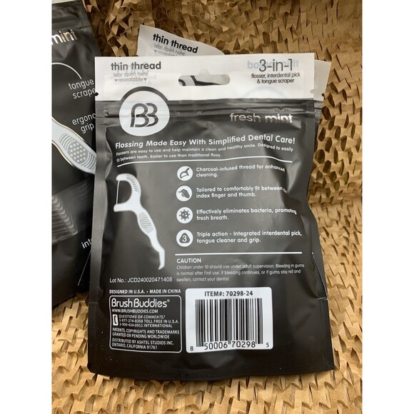 Brush Buddies Thin Thread Charcoal Floss Picks Dental floss 75 count 3 Packs New - Picture 2 of 2